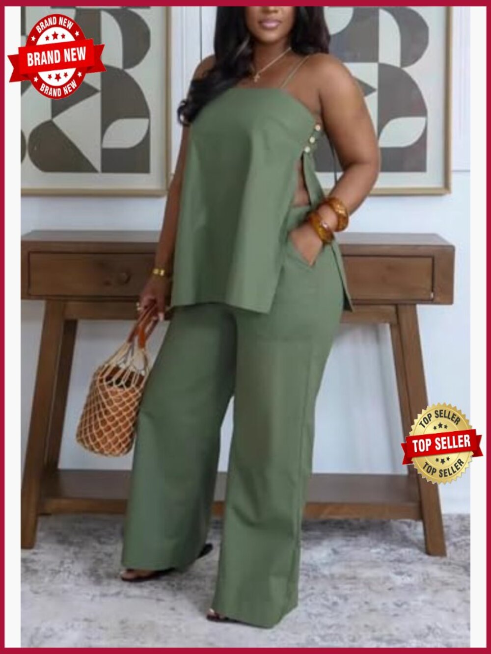 2 Piece Linen Lounge Set Slit Cami Top Baggy Pants Plus Size - Picture 6 of 7